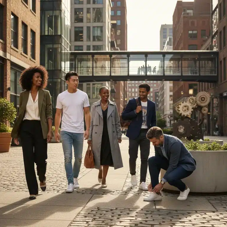 Stylish individuals demonstrating versatile wardrobe essentials, including blazers, white tees, denim, trench coats, and white sneakers, in an urban setting.