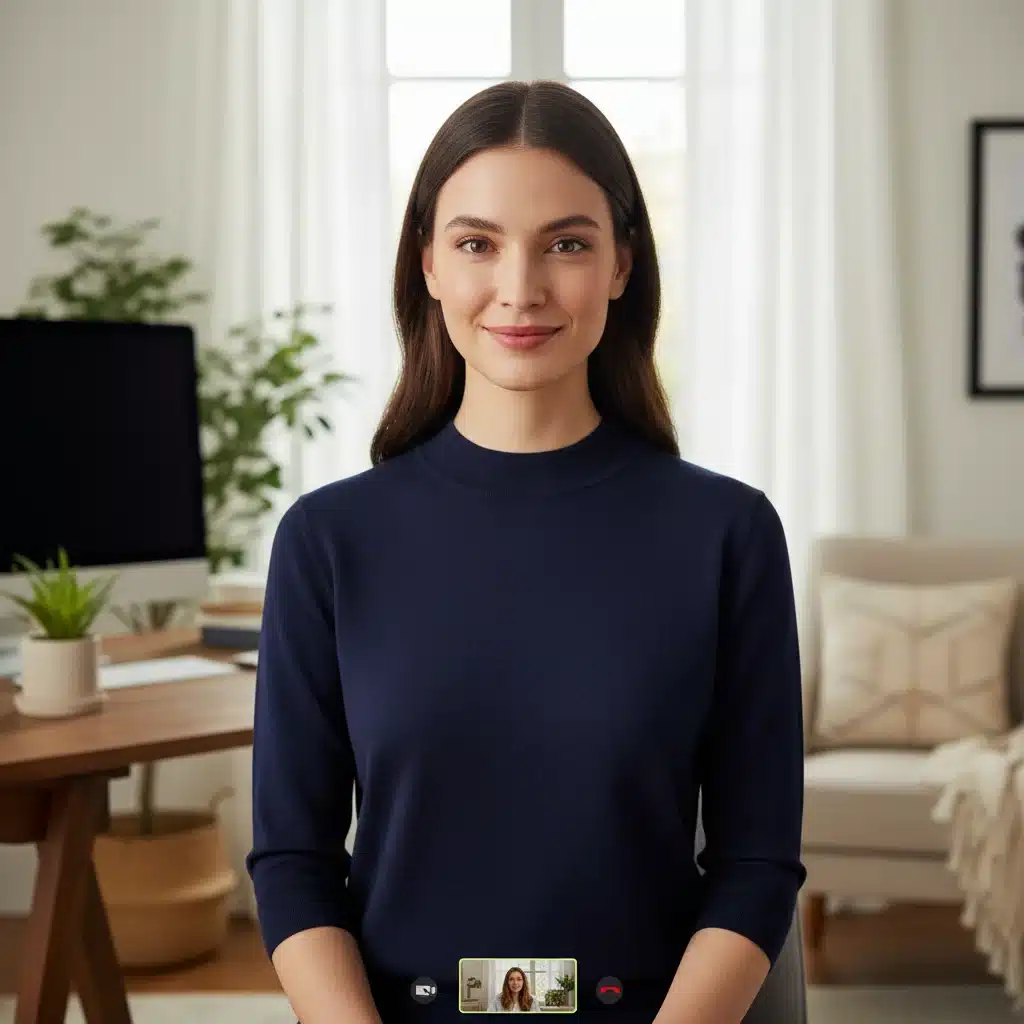 Person on video call in professional yet comfortable top from home office