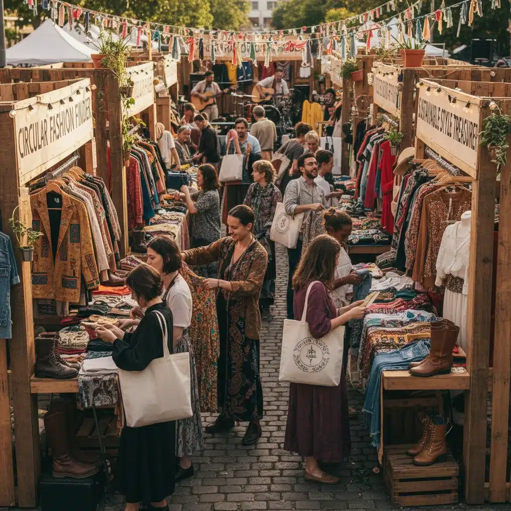 Lively outdoor market with people browsing pre-loved and vintage clothing.