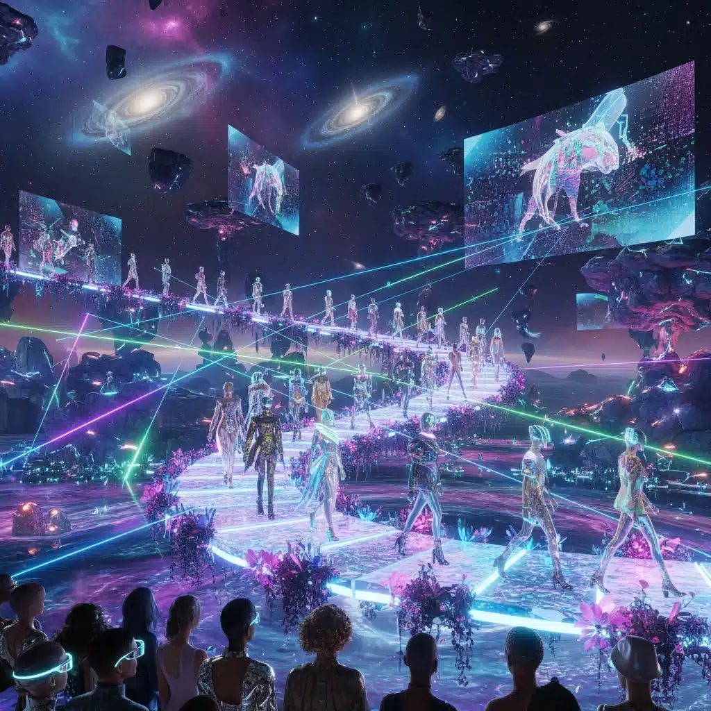 Digital rendering of virtual fashion show with avatars and holographic projections