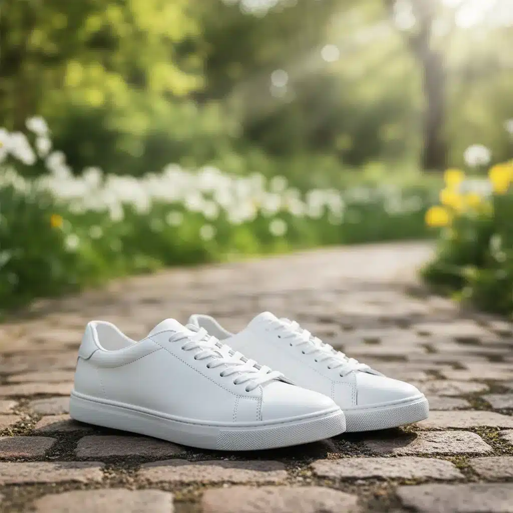 Close-up of clean white sneakers on a spring day.