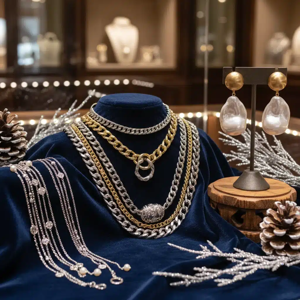 Assorted statement jewelry pieces for winter fashion.