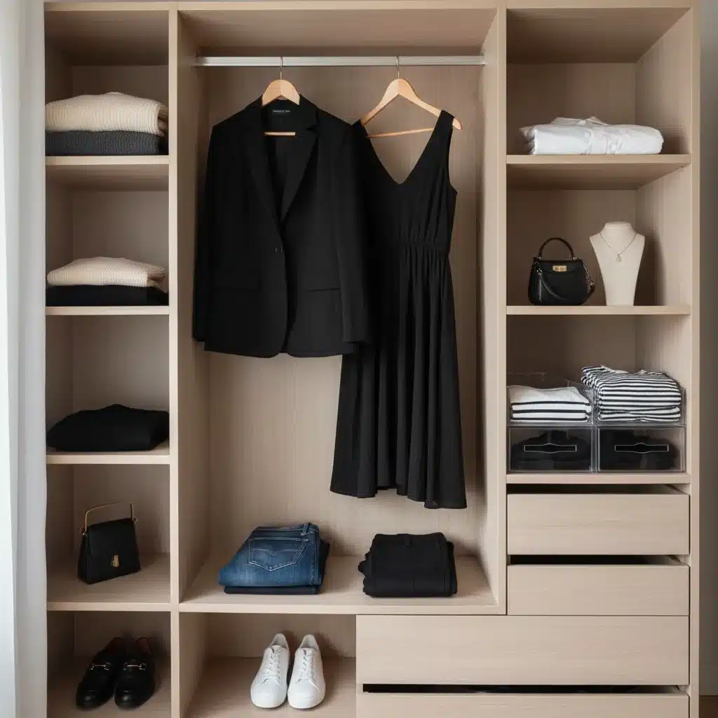 Organized capsule wardrobe with classic, versatile clothing items.
