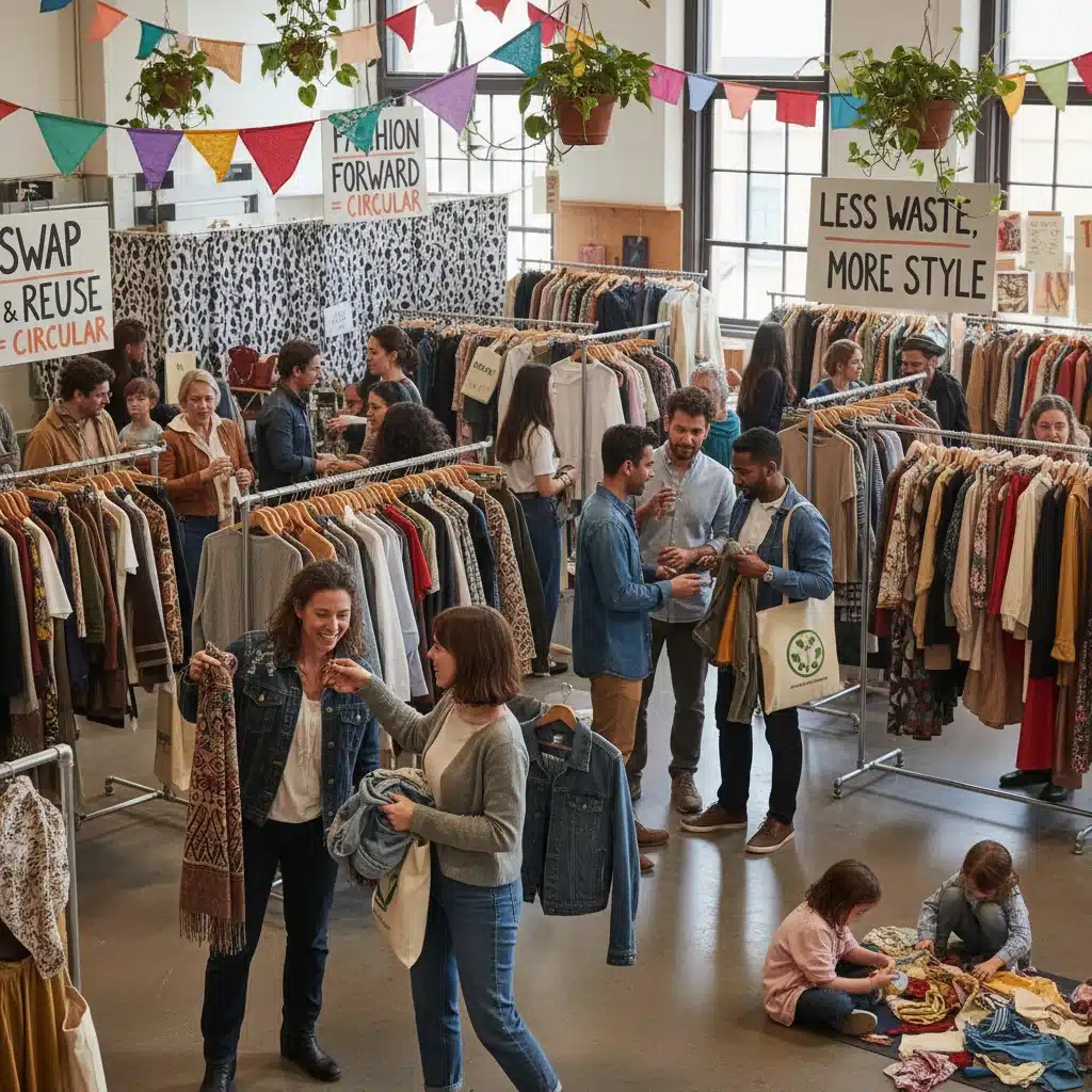 Community clothing swap event promoting circular fashion