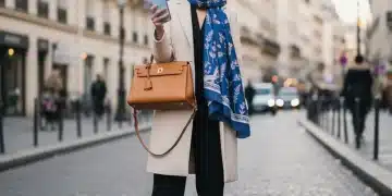 Woman checking flash sale on ethical French fashion accessory