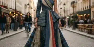 Recycled Materials Revolutionize French Fashion by 2026 Elegant model in recycled fabric dress on Parisian street.