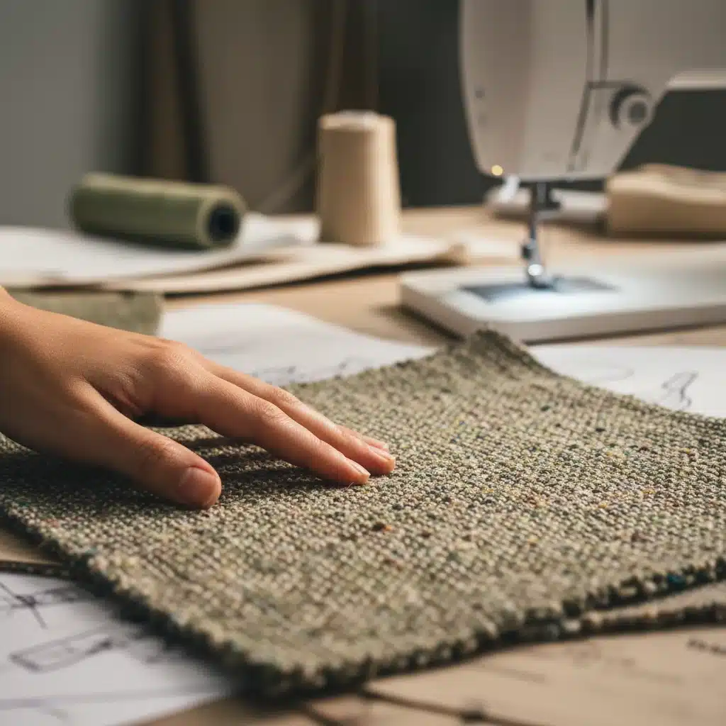 Hand touching recycled fabric swatch, symbolizing sustainable textile innovation
