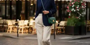 Woman wearing sustainable French blazer on Parisian street