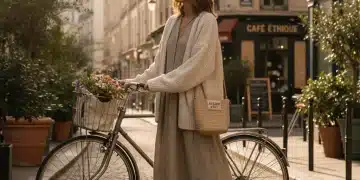 Woman in sustainable French fashion in Paris