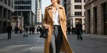 Woman in classic trench coat, white shirt, tailored trousers, embodying timeless style.